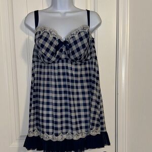 Gingham Lace-Trim Babydoll Chemise in Navy and White by Cacique size22/24